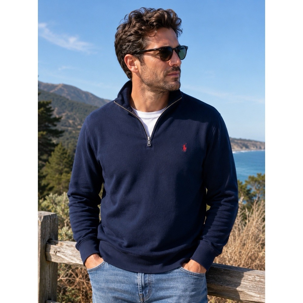 Polo Ralph Lauren Quarter Zip Pullover Navy Cotton Sweater Mens M Vintage